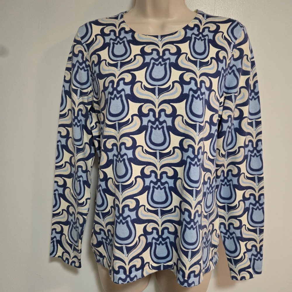 J. McLaughlin Size‎ Medium Light Blue Soft Cotton Blend Knit Floral Sweater